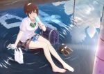  1girl absurdres bag barefoot bowtie brown_eyes brown_hair highres legs long_hair original ponytail popsicle reflection shoes_removed sitting skirt smile solo water 