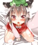  1girl absurdres animal_ears blush bow brown_hair cat_ears chen dress earrings fang from_above hat heart heart-shaped_pupils highres jewelry looking_at_viewer miutolily open_mouth red_eyes sitting solo symbol-shaped_pupils touhou wariza 