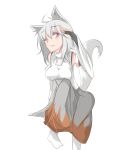  1girl ahoge animal_ears bare_shoulders breasts detached_sleeves fingerless_gloves gloves highres inubashiri_momiji large_breasts looking_at_viewer no_hat pom_pom_(clothes) red_eyes short_hair silver_hair simple_background sitting skirt solo tail touhou white_background wink wolf_ears wolf_tail 