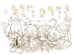  &gt;_&lt; 2boys 2girls ahoge animal_ears blazblue cape cat_ears cat_tail eyepatch jin_kisaragi kuro_yuzu monochrome multiple_boys multiple_girls noel_vermillion nu-13 ragna_the_bloodedge tail tears 