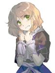  1girl arm_warmers blonde_hair blush geppewi green_eyes looking_up mizuhashi_parsee pointy_ears scarf shirt short_hair short_sleeves simple_background solo touhou wavy_mouth white_background 