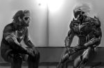  2boys beard big_boss cyborg eyepatch facial_hair gloves grey male mask metal_gear_(series) monochrome multiple_boys mustache raiden science_fiction shikitti sitting sneaking_suit time_paradox 