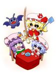  3girls :3 anger_vein bat bat_wings blonde_hair blue_eyes blue_hair book candelabra chair crescent cup dragon_quest dress fangs flandre_scarlet flying flyswatter hat hat_removed headwear_removed highres mob_cap multiple_girls open_mouth patchouli_knowledge pink_dress purple_dress purple_hair red_dress red_eyes remilia_scarlet rope sitting slime_(dragon_quest) smile sweatdrop table teacup touhou wings yamato_damashi 