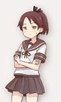  1girl bow brown_hair cowboy_shot crossed_arms grey_background hair_bow kantai_collection looking_at_viewer personification pleated_skirt ponytail school_uniform serafuku shikinami_(kantai_collection) simple_background skirt solo sweat unyon yellow_eyes 