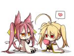  :3 ahoge alternate_hairstyle animal_ears blazblue blonde_hair bodysuit candy cape cat_ears cat_tail heart kokonoe kuro_yuzu lambda-11 pink_hair red_eyes tail twintails 