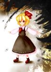  blonde_hair blouse darkness frilled_skirt frills furim hair_ribbon highres outstretched_arms red_eyes ribbon ribbon-trimmed_clothes ribbon_trim rumia short_hair skirt smile spread_arms touhou vest 
