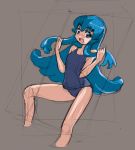  1girl blue_eyes blue_hair blush brown_background happinesscharge_precure! long_hair looking_at_viewer open_mouth precure rohitsuka school_swimsuit shirayuki_hime sitting sketch solo swimsuit 