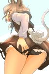  1girl animal_ears ass blush capelet grey_hair hand_on_ass highres ishikkoro long_sleeves looking_at_viewer looking_back mouse_ears mouse_tail nazrin necktie open_mouth panties profile red_eyes ribbon shirt short_hair simple_background skirt skirt_set solo tail touhou underwear vest white_shirt 