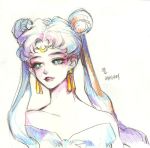  1girl bare_shoulders bishoujo_senshi_sailor_moon blue_eyes bust chokydaum circlet colored_pencil_(medium) crescent_moon earrings jewelry long_hair moon parted_lips queen_serenity solo traditional_media twintails white_hair 
