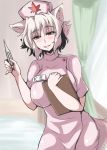  1girl alternate_costume animal_ears blush breast_suppress breasts clipboard dress hat inubashiri_momiji large_breasts looking_at_viewer name_tag nurse nurse_cap red_eyes sekitaku short_sleeves smile solo tail thermometer touhou white_hair wolf_ears wolf_tail 