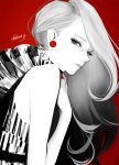  1girl earrings eyelashes hand_on_own_chest jewelry long_hair monochrome nail_polish original red_background solo takenaka 