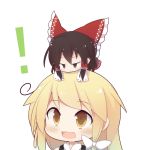  ! 2girls beni_shake blonde_hair blush bow brown_eyes brown_hair chibi_on_head commentary_request fang flat_gaze hair_bow hair_tubes hakurei_reimu kirisame_marisa multiple_girls open_mouth role_reversal simple_background smile touhou white_background yellow_eyes 