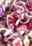  1girl ascot blonde_hair boots flandre_scarlet gloves glowing glowing_wings hat hat_removed headwear_removed laevatein miyakure mob_cap pink_eyes puffy_sleeves red_gloves shaded_face shirt short_sleeves side_ponytail skirt skirt_set solo touhou vest wings 