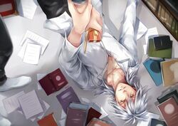  1boy book gift lying makishima_shougo psycho-pass short_hair white_hair zaphylla 