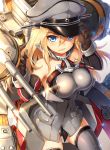  1girl bare_shoulders bismarck_(kantai_collection) black_panties blonde_hair blue_eyes blush breasts brown_gloves detached_sleeves gloves grey_legwear hat highres kantai_collection long_hair looking_at_viewer military military_hat military_uniform open_mouth panties peaked_cap personification solo suika01 thigh-highs underwear uniform 