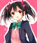  1girl black_hair bow goma_(11zihisin) hair_bow looking_at_viewer love_live!_school_idol_project open_mouth red_eyes school_uniform short_hair solo twintails yazawa_nico 