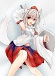 1girl animal_ears armpits bare_shoulders breasts detached_sleeves hat inubashiri_momiji looking_at_viewer navel pom_pom_(clothes) red_eyes sarashi shield short_hair silver_hair skirt solo sword tail touhou weapon wolf_ears wolf_tail 