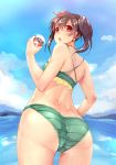  1girl ajishio ass bikini black_hair blush cup earrings from_behind hair_ornament jewelry looking_at_viewer looking_back love_live!_school_idol_project open_mouth red_eyes short_hair sky soda solo swimsuit twintails water yazawa_nico 