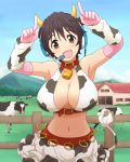  1girl :d animal_ears arm_warmers armpits bell bell_collar breasts brown_hair cleavage collar cow cow_bell cow_ears cow_horns cow_print cow_tail elbow_gloves fake_animal_ears fence gloves head_tilt headset horns house idolmaster idolmaster_cinderella_girls large_breasts looking_at_viewer midriff mountain nash_(na-si) navel oikawa_shizuku open_mouth pink_gloves short_hair smile solo tail 