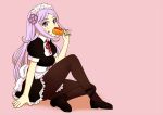  1girl aila_jyrkiainen alternate_costume black_legwear corndog eating enmaided food gundam gundam_build_fighters ketchup long_hair maid maid_apron maid_headdress pantyhose pink_hair sakaki_imasato sitting 