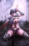  1girl armor black_hair longai looking_at_viewer midriff navel original red_eyes short_hair solo squatting sword thigh-highs weapon 
