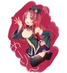  1girl alternate_costume black_legwear blue_eyes blush braid breasts cleavage cleavage_cutout detached_sleeves hat hong_meiling kedama_milk large_breasts long_hair looking_at_viewer open_mouth redhead smile solo thigh-highs touhou twin_braids 