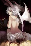  1girl akakitsu back bat_wings bed blood blood_stain canopy_bed cup highres looking_at_viewer looking_back no_hat partially_undressed red_eyes remilia_scarlet silver_hair sitting sitting_on_bed solo touhou vampire white_hair wine_glass wings 