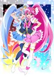  2girls aino_megumi blue_hair blue_legwear blue_skirt boots crown cure_lovely cure_princess happinesscharge_precure! heart long_hair looking_at_viewer magical_girl multiple_girls nakahira_guy open_mouth pink_eyes pink_hair pink_skirt ponytail precure shirayuki_hime skirt thigh-highs thigh_boots twintails v very_long_hair zettai_ryouiki 