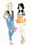 2girls alternate_costume android_18 black_hair blazer blue_pants bob_cut casual chokydaum dragon_ball dragon_ball_z full_body hand_in_pocket high_heels jewelry low_twintails multiple_girls necklace orange_skirt pants pearl_bracelet pearl_necklace skirt twintails vertical_stripes videl white_background 