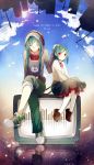  1girl alternate_costume alternate_hair_length alternate_hairstyle cityscape closed_eyes clouds crossed_legs dual_persona green_hair hand_on_head highres hoodie kagerou_project kido_tsubomi long_hair red_eyes short_hair sitting skirt sky smile television time_paradox v_arms winniconan younger 