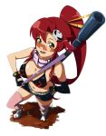  1girl bare_arms bikini_top blur breasts cleavage elbow_gloves gloves goggles gun highres long_hair looking_at_viewer mr_cloud navel open_mouth ponytail redhead shorts solo tengen_toppa_gurren_lagann thigh-highs weapon white_background yellow_eyes yoko_littner 