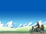  1girl androgynous black_hair clouds coat field fur_hat grass hat hermes highres kino kino_no_tabi motor_vehicle motorcycle mountain mugcan reverse_trap short_hair sky vehicle 