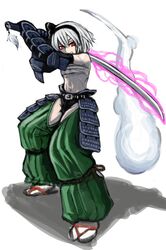  1girl alternate_costume armor fighting_stance hairband hitodama holding_weapon hoshitetsu_ringo katana konpaku_youmu konpaku_youmu_(ghost) pants red_eyes samurai_armor sandals sarashi short_hair silver_hair solo spirit sword touhou traditional_clothes weapon weapon_energy 