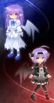  2girls ahoge black_dress black_legwear brown_eyes dress frills gothic_lolita grin headband highres kso lolita_fashion long_hair multiple_girls original pointy_ears purple_hair short_hair smile tagme white_dress white_legwear wings 