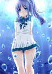  1girl air_bubble aoba_yukichi blue_eyes blue_hair highres hiradaira_chisaki long_hair nagi_no_asukara sailor_dress school_uniform serafuku side_ponytail underwater 