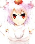 1girl animal_ears bare_shoulders breasts detached_sleeves hat highres inubashiri_momiji looking_at_viewer pom_pom_(clothes) red_eyes short_hair silver_hair solo tokin_hat touhou wolf_ears 