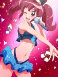  1girl aino_megumi alternate_form blush happinesscharge_precure! hat microphone midriff musical_note navel open_mouth pink_background precure red_eyes redhead short_hair solo tj-type1 twintails wink 