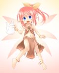  1girl :o anklet blue_eyes bracelet fairy fairy_wings hair_ribbon jewelry kso loincloth midriff navel original pink_hair pointy_ears ribbon side_ponytail solo tagme teapot wings 