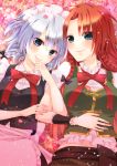  2girls apron aqua_eyes bangs blue_eyes bowtie braid chitose_(usacan) glitter hand_on_own_stomach hong_meiling izayoi_sakuya lavender_hair looking_at_viewer lying maid_headdress multiple_girls no_hat parted_bangs petals redhead short_sleeves silver_hair smile sparkle touching touhou twin_braids vest waist_apron wrist_cuffs 