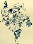  1girl baggy_pants black_mage black_mage_(cosplay) boots crossover fal0811 fangs final_fantasy fire hat monochrome overcoat peacock_(skullgirls) skullgirls smile witch_hat 