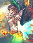  1girl bow breasts brown_hair cape fire hair_bow hair_ornament highres long_hair ponytail puffy_sleeves red_eyes reiuji_utsuho shirt short_sleeves sketch skirt smile solo temmasa22 third_eye touhou wings 