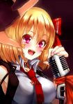  1girl blonde_hair blush breasts collar doyouwantto fang fingerless_gloves gloves large_breasts looking_at_viewer microphone necktie older open_mouth red_eyes rumia short_hair smile solo star touhou 