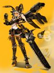  1girl boots chainsaw chainsword character_request dark_skin gauntlets hat highres knee_boots lace-up_thighhighs long_hair mecha_musume mechanical_wings miniskirt platform_footwear platform_heels red_eyes skirt so-bin solo spikes thigh-highs white_hair wings zettai_ryouiki 