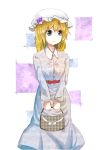  1girl akeno_(akenosora) bag belt blonde_hair blue_eyes checkered checkered_background dress eyelashes facing_away flower handbag hat hat_flower light_smile long_hair long_sleeves maribel_hearn mob_cap solo touhou violet_(flower) white_background 