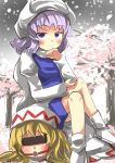  2girls ball_gag blindfold blonde_hair cherry_blossoms cherry_trees drooling gag gagged gaoo_(frpjx283) highres lavender_hair letty_whiterock lily_white multiple_girls sitting sitting_on_person snowing touhou violet_eyes 