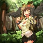  1girl ;d bird black_skirt blush breasts brown_eyes brown_hair crow forest hat light_particles nature oguro_(xhlj) open_mouth pleated_skirt shameimaru_aya shirt short_hair skirt smile solo sunlight tokin_hat touhou tree wink 