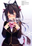  animal_ears blush box cat_ears cat_tail character_request chiri_(atlanta) hair_ornament hair_ribbon highres ribbon scarf simple_background smile snowflakes tagme tail 