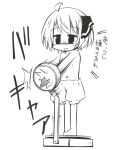  1girl :d bloomers breaking broken hair_ribbon jagabutter monochrome navel open_mouth punching ribbon rumia short_hair smile touhou underwear underwear_only weighing_scale 