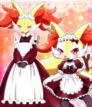  2girls alternate_costume blush braixen closed_eyes delphox enmaided fur furry kemoribon maid maid_headdress multiple_girls no_humans open_mouth pokemon pokemon_(creature) pokemon_(game) pokemon_xy red_eyes smile stick tail v_arms 