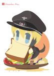  1girl artist_name blonde_hair blue_eyes chameleon_man_(three) chibi eating erica_hartmann food fruit grapes hat lettuce plate sandwich short_hair simple_background solo strike_witches tail uniform white_background 